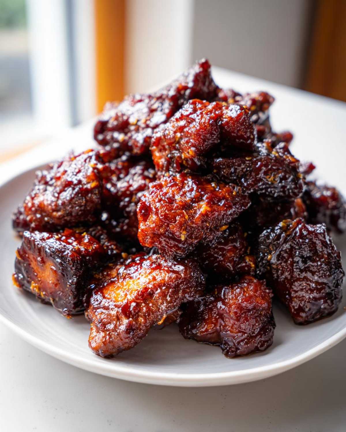Close-up of a mound of glistening, dark brown Sticky Teriyaki Chicken Easy Weeknight Meal pieces piled high on a white plate.