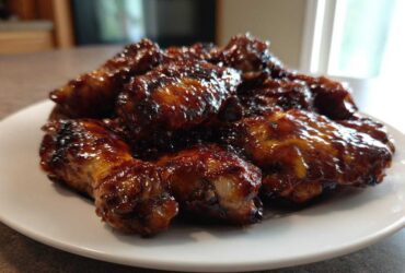 A pile of glossy, dark glazed chicken wings, representing the Sticky Teriyaki Chicken Easy Weeknight Meal, served on a white plate.