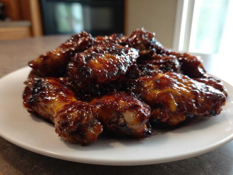 A pile of glossy, dark glazed chicken wings, representing the Sticky Teriyaki Chicken Easy Weeknight Meal, served on a white plate.