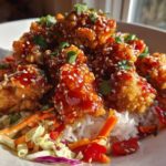 Close-up of a Sweet Chili Chicken Bowl featuring crispy chicken pieces glazed with sauce, served over rice and crunchy slaw.