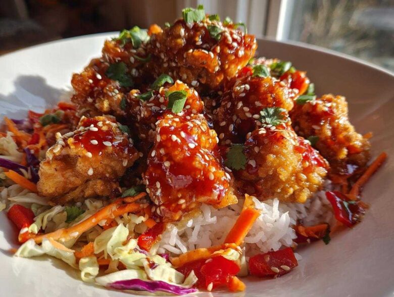 Close-up of a Sweet Chili Chicken Bowl featuring crispy chicken pieces glazed with sauce, served over rice and crunchy slaw.