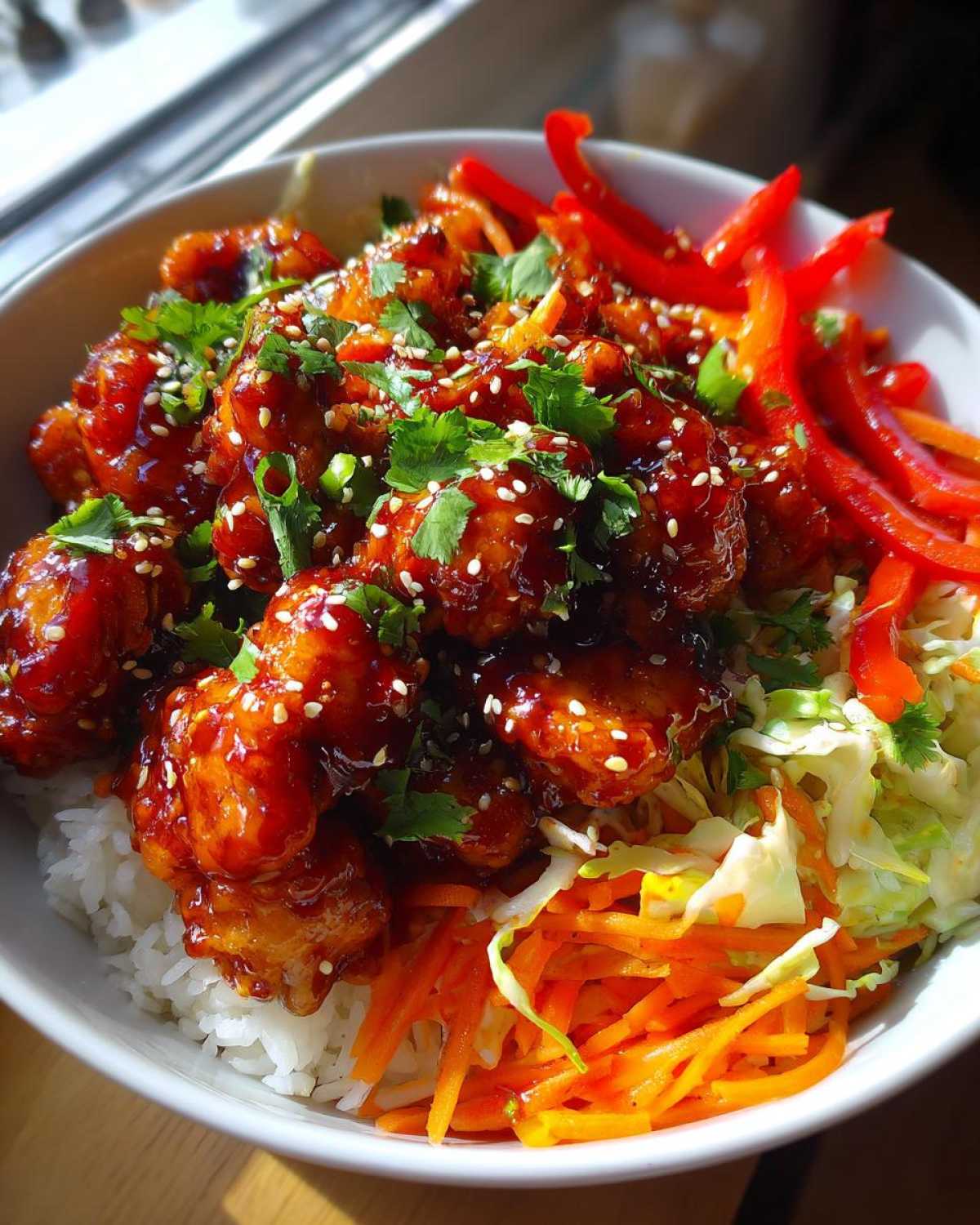 Close-up of a Sweet Chili Chicken Bowl featuring glazed chicken, white rice, shredded carrots, red peppers, and cilantro.